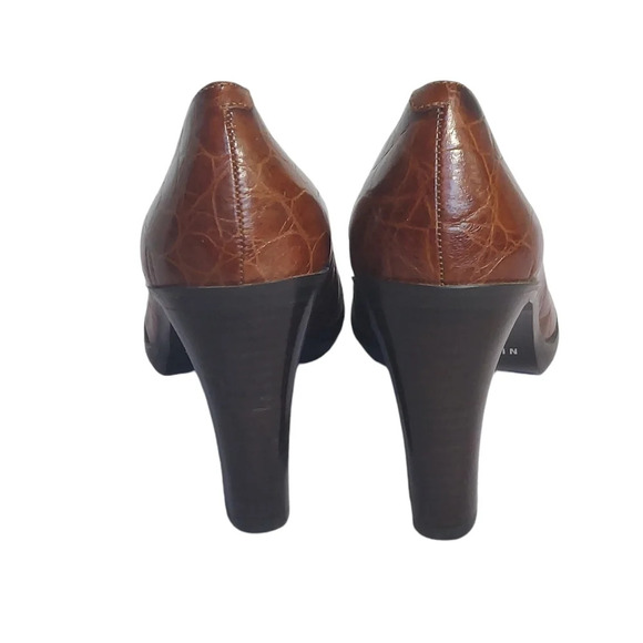 Nine West Cognac Alligator Embossed Leather Open Toe Heels Block Heel - Picture 7 of 15